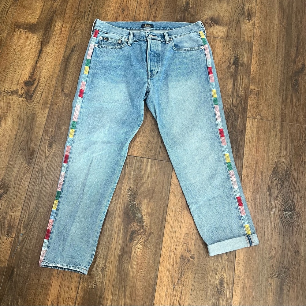 Ralph Lauren Light Wash Women’s Boyfriend Jeans with Multicolor Side Tape